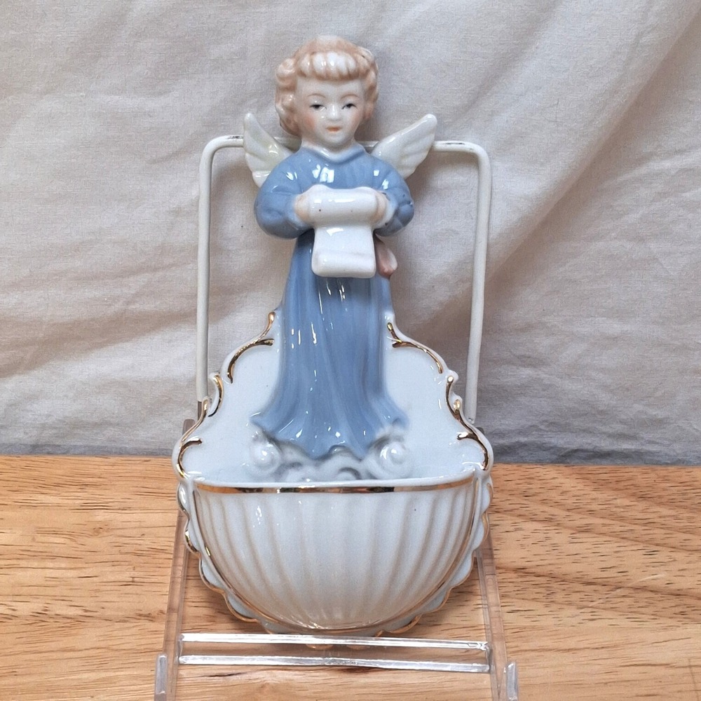 Unbranded Holy Water Font Small Blue Gold Trim Angel Figurine Made in Japan
